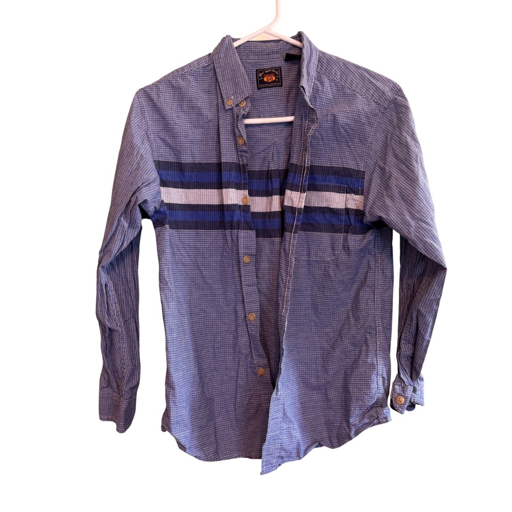 Route 66 Boys Blue White Striped Micro Check Cotton Button Down Shirt Size 14/16